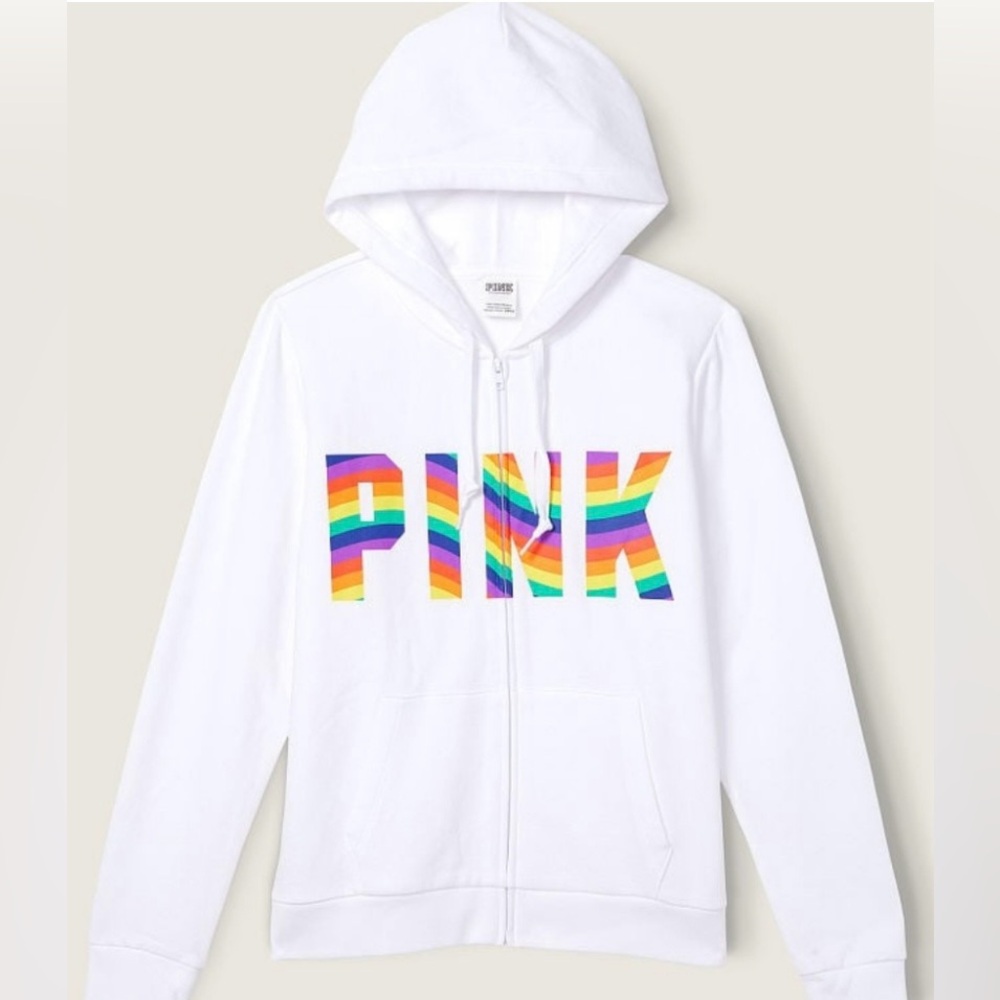 🌈NWT VS PINK RAINBOW WHITE MATCHING SET ZIP UP HOODIE / JOGGERS SIZE MEDIUM! HTF - Picture 13 of 16
